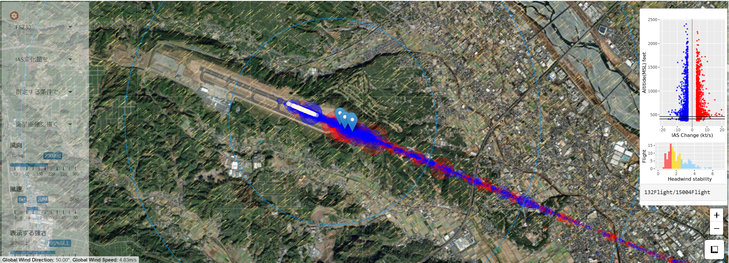 風の流れと速度を地図上に可視化した気象データの解析図